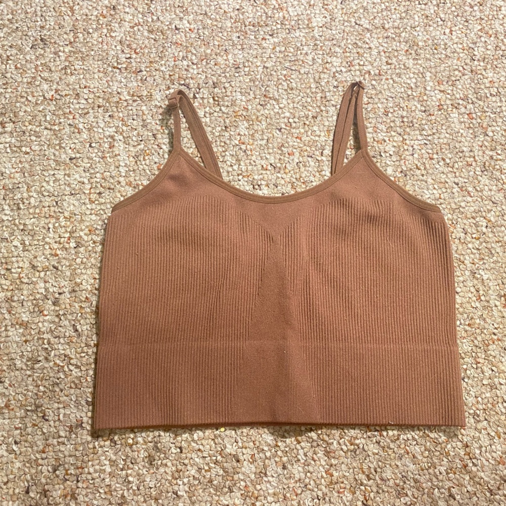 Brown Ribbed Cropped Yoga Tank Top